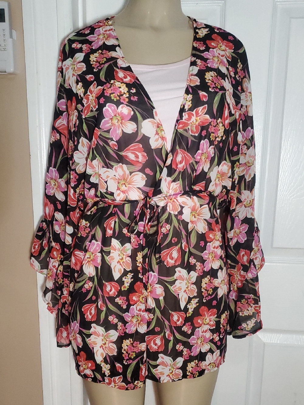 Umgee Black and Red Floral Robe with Silky Comfort